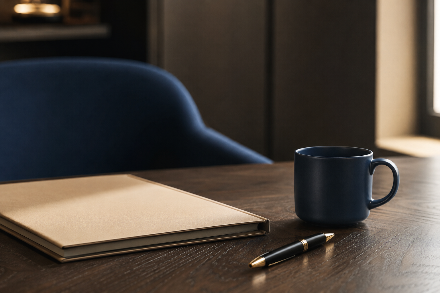 Mesa de escritório com pasta, caneta e xícara azul-marinho